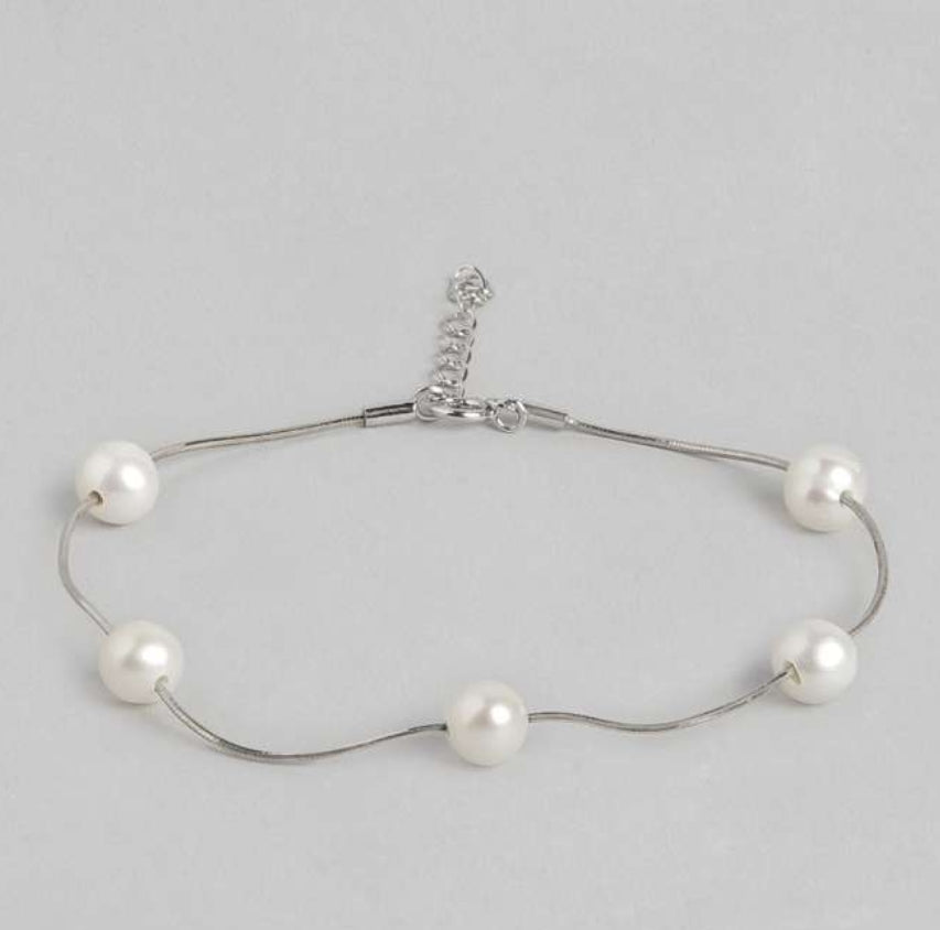 925 Sterling Silver White Pearls Charm Bracelet