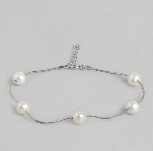 925 Sterling Silver White Pearls Charm Bracelet