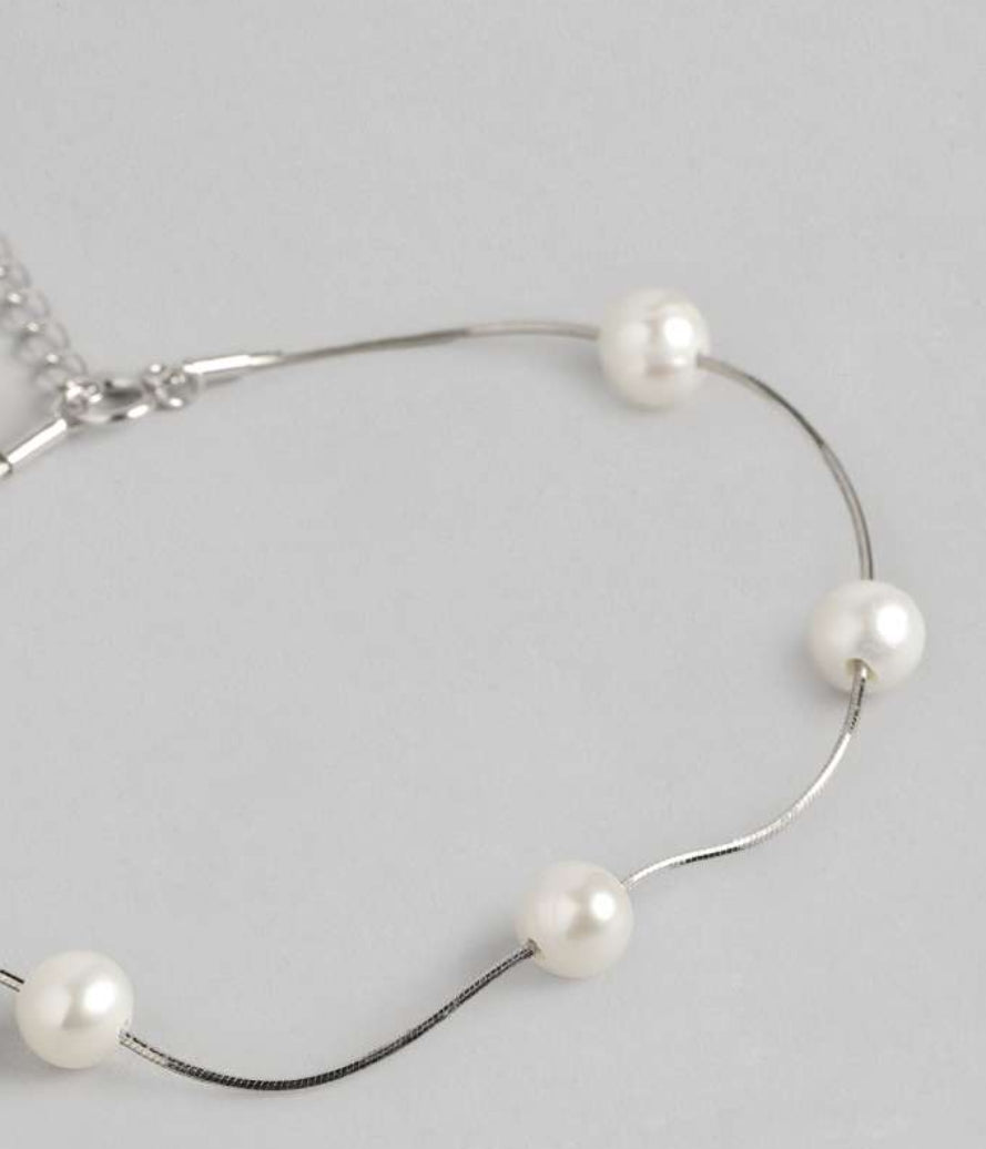 925 Sterling Silver White Pearls Charm Bracelet